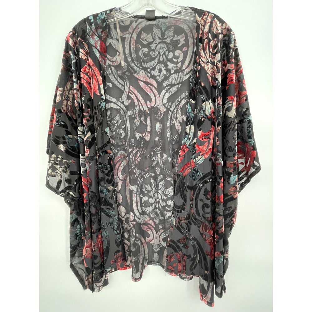 I Joah Burnout Velvet Kimono Wrap Damask Floral Sheer Mesh Open Front One Size